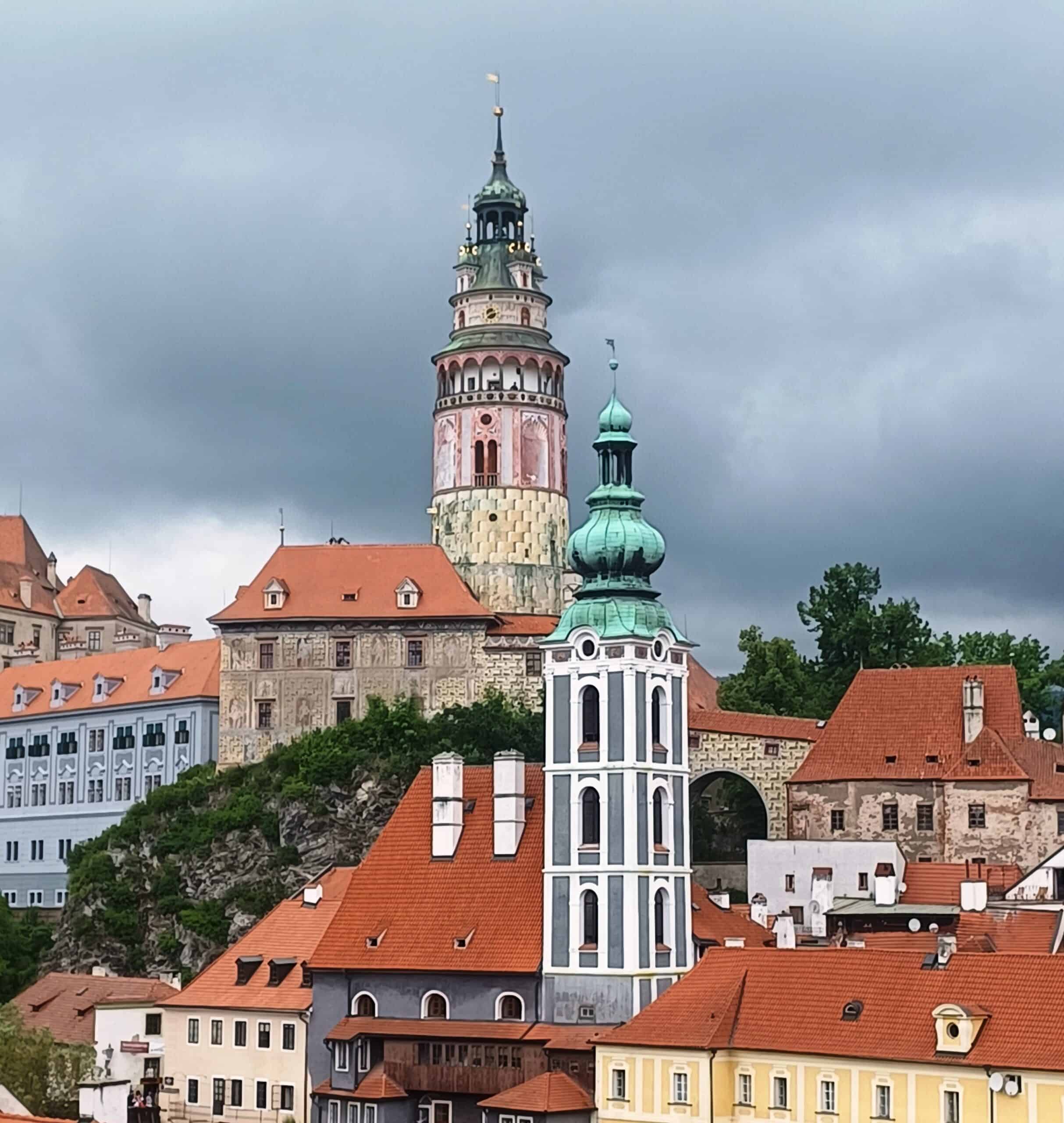 St. Jost church tower with Castle Tower behind it.